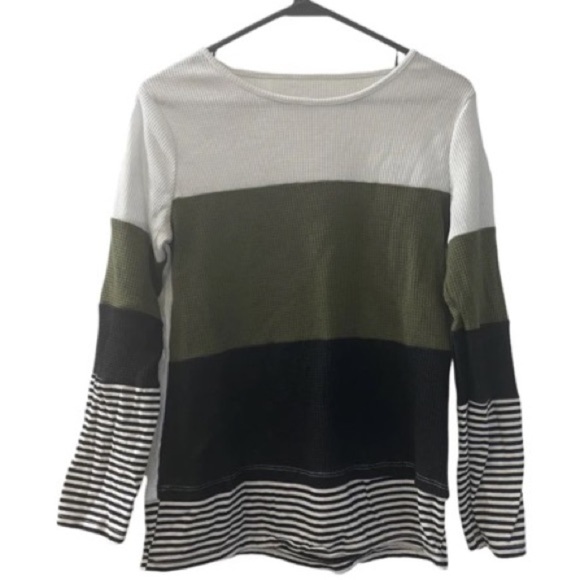 SHEIN Tops - SHEIN Colorblock Waffle Knit Striped Panel Long Sleeve Top Women’s Size Small